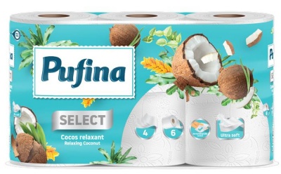 Toalettpapír, 4 rétegű, kistekercses, 6 tekercs, PUFINA "Relaxing Coconut", kókusz illattal