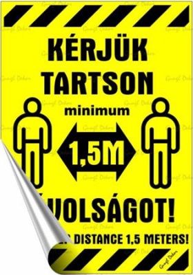 Információs matrica, 11,6x16,6 cm, kétnyelvű, "Kérjük tartson mininum 1,5 m távolságot!"